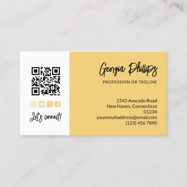 Soft Yellow QR Code Photo Socialmedia Brush Script Business Card (Front)