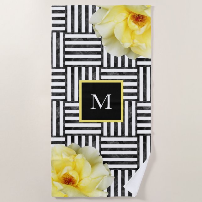 Soft Yellow Roses Black and White Block Stripes Beach Towel (Front)