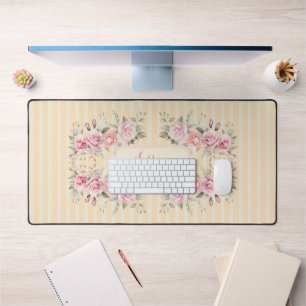Soft yellow striped floral desk mat