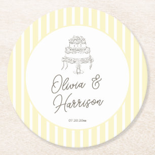 Soft Yellow Striped Whimsical Wedding Round Paper Coaster
