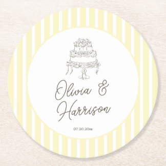 Soft Yellow Striped Whimsical Wedding Round Paper Coaster