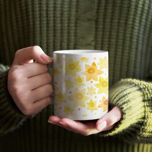 Soft Yellow Watercolour Daffodil & Dots Pattern Large Coffee Mug (Yellow Daffodil Mug)