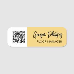 Soft Yellow & White QR Code Brush Script Name Tag