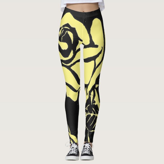 Soft yellow woodcut rose on a black background leggings (Front)