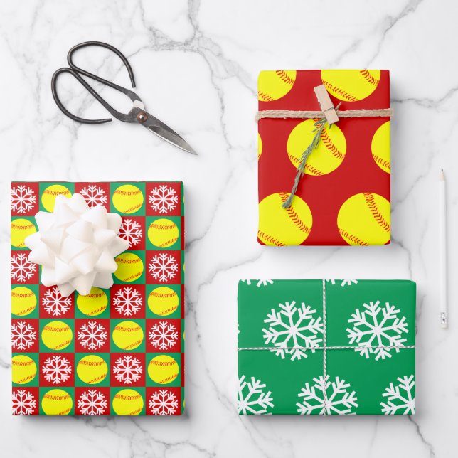 Softball and Snowflake Red and Green Christmas Wrapping Paper Sheet (Front)