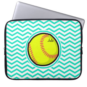 Softball; Aqua Green Chevron Laptop Sleeve