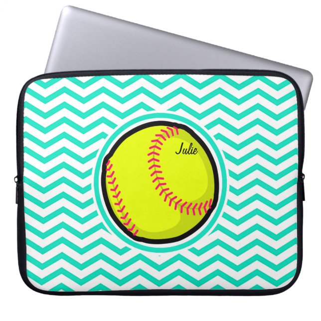 Softball; Aqua Green Chevron Laptop Sleeve (Front)
