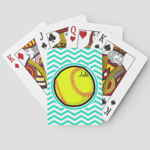 Softball; Aqua Green Chevron Playing Cards