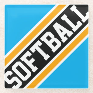 SOFTBALL Azure Blue Yellow Black Racing Stripes Glass Coaster