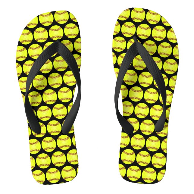 Softball Ball Pattern Black Flip Flops (Footbed)