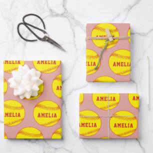 Softball Ball Player Kids Name Birthday Wrapping Paper Sheet