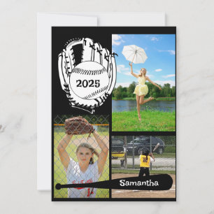 Softball/ Baseball 3 Photo Black Graduation Invitation