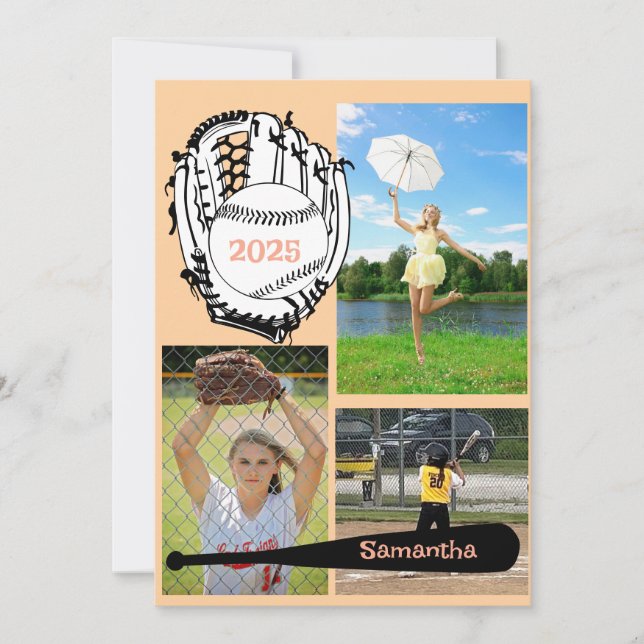 Softball/Baseball 3 Photo Collage Peach Announcement (Front)
