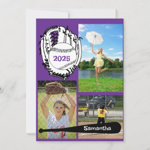 Softball/Baseball 3 Photo Collage Purple Announcement