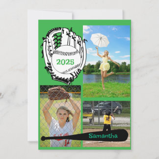 Softball/ Baseball 3 Photo Green Graduation Invitation