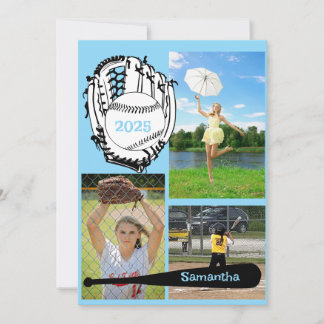 Softball/ Baseball 3 Photo Light Blue Graduation Invitation