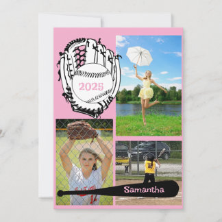 Softball/ Baseball 3 Photo Pink Graduation Invitation
