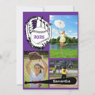 Softball/ Baseball 3 Photo Purple Graduation Invitation