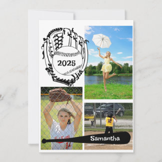 Softball/ Baseball 3 Photo White Graduation Invitation