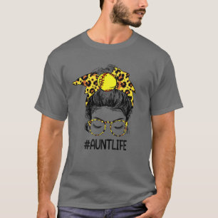 Softball Baseball Aunt Life Messy Bun Leopard Moth T-Shirt