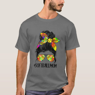 Softball Baseball Mum Life Tie Dye Messy Bun Mothe T-Shirt
