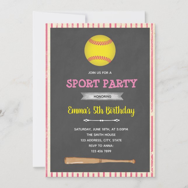 Softball baseball theme party invitation (Front)