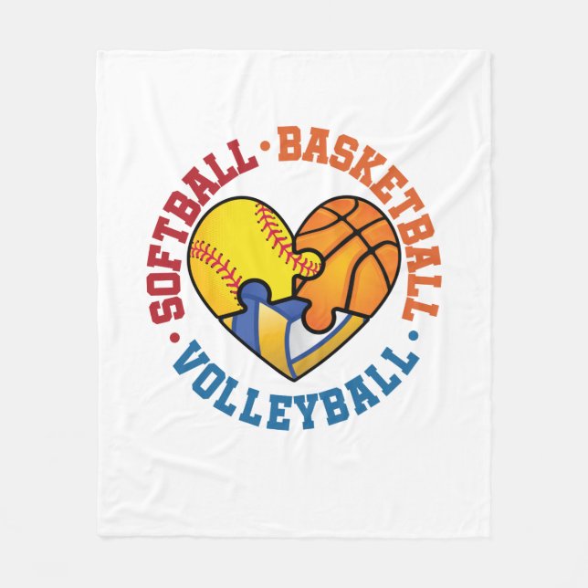 Softball Basketball Volleyball Heart Three Sports Fleece Blanket (Front)