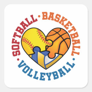 Softball Basketball Volleyball Heart Three Sports Square Sticker