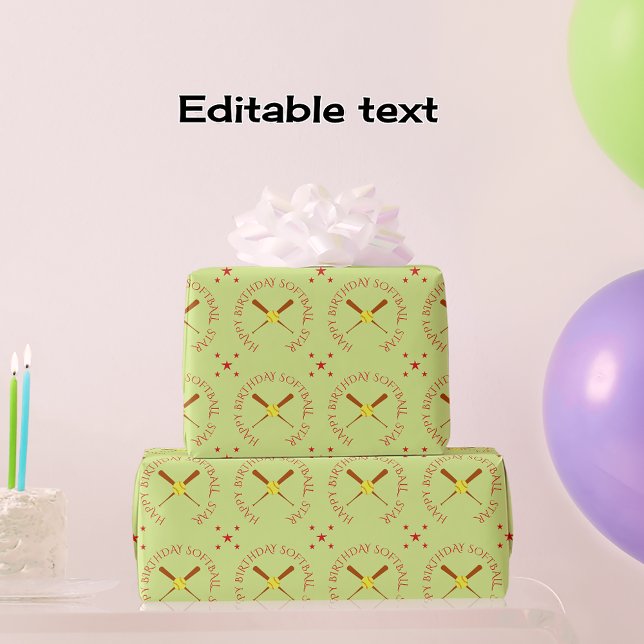 Softball birthday custom text star wrapping paper (Creator Uploaded)
