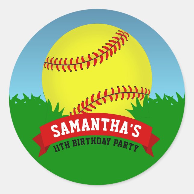 Softball Birthday Party Classic Round Sticker (Front)