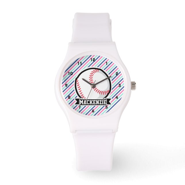 Softball; Blue, Pink, & White Stripes, Sports Watch (Front)