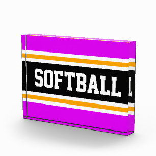 SOFTBALL Bright Pink Black White Yellow Stripes Photo Block