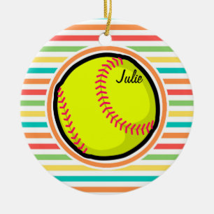 Softball; Bright Rainbow Stripes Ceramic Tree Decoration