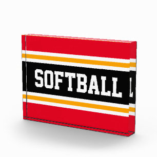 SOFTBALL Bright Red Black White Yellow Stripes Photo Block