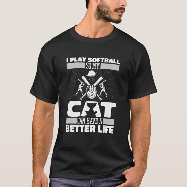 Softball Cat Batter Pitcher   Catcher Softball T-Shirt (Front)