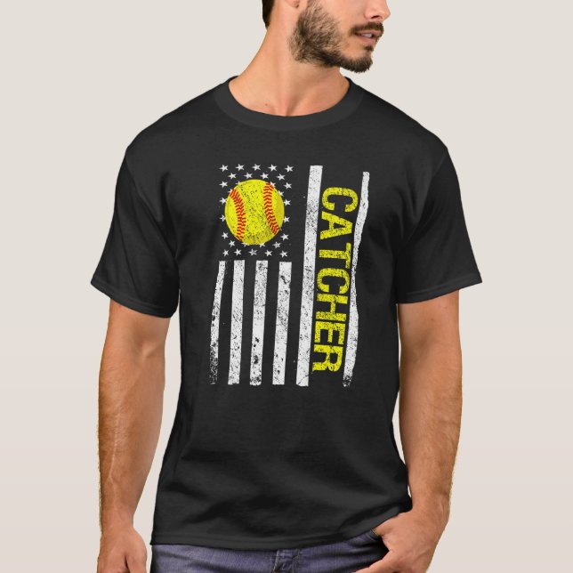 Softball Catcher American USA Flag T-Shirt (Front)