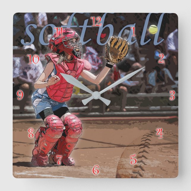 Softball Catcher Graphic Square Wall Clock (Front)