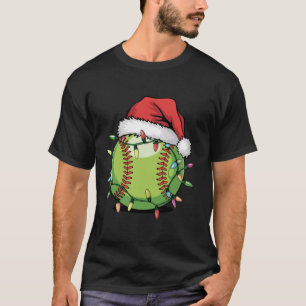 Softball Christmas Lights Reindeer Santa Hat Xmas T-Shirt