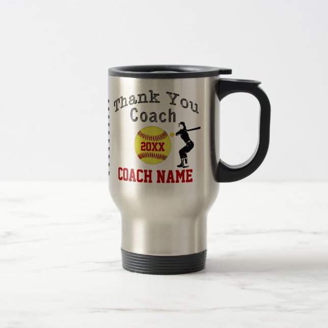 Softball Coach Gifts Coach, Player's Name, Number Travel Mug (Right)