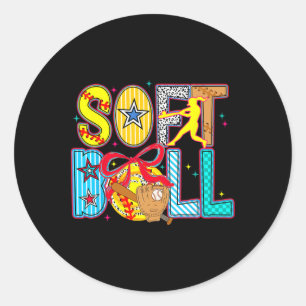 Softball Coquette Bow Game Day Baseball Fan Cheer Classic Round Sticker