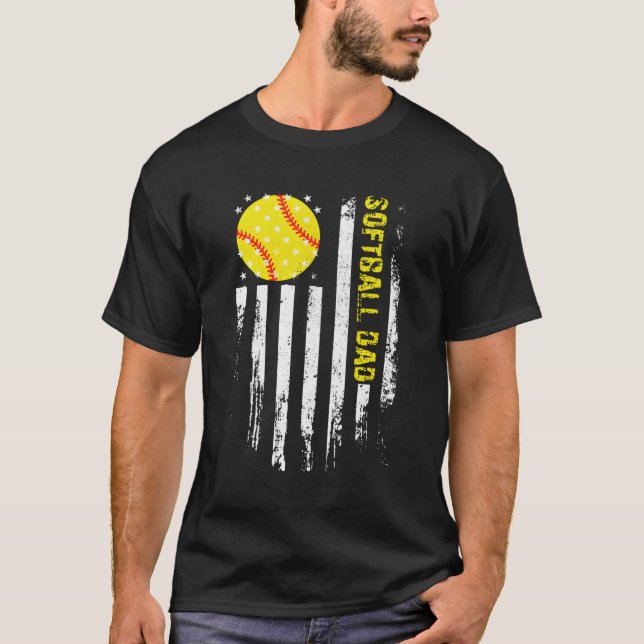 Softball Dad American Usa Flag Softball T-Shirt (Front)
