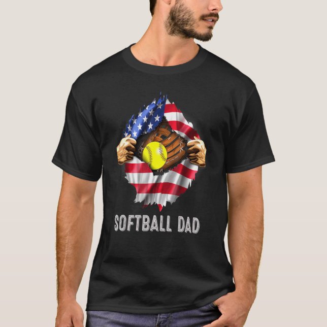 Softball Dad Super Hero American Us Flag Fathers D T-Shirt (Front)