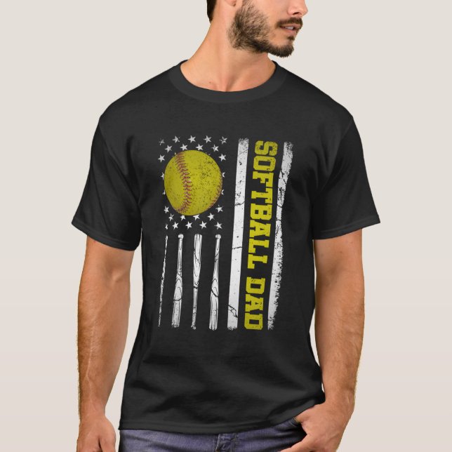 Softball Dad Us American Flag Dad For Father'S Day T-Shirt (Front)