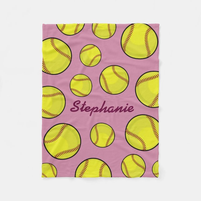 Softball Fan Custom Name Pink Fleece Blanket (Front)