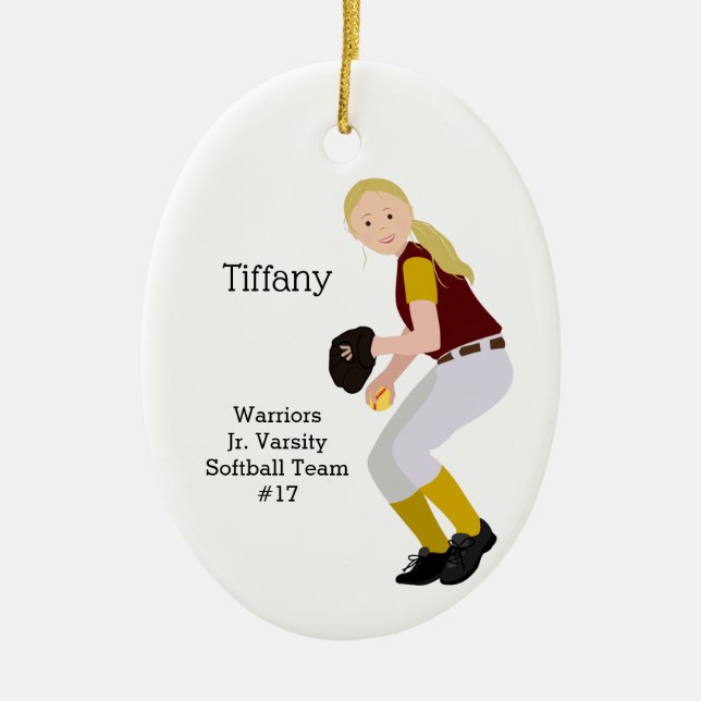 Softball Female Blonde Burgundy & Gold Ceramic Tree Decoration (Front)