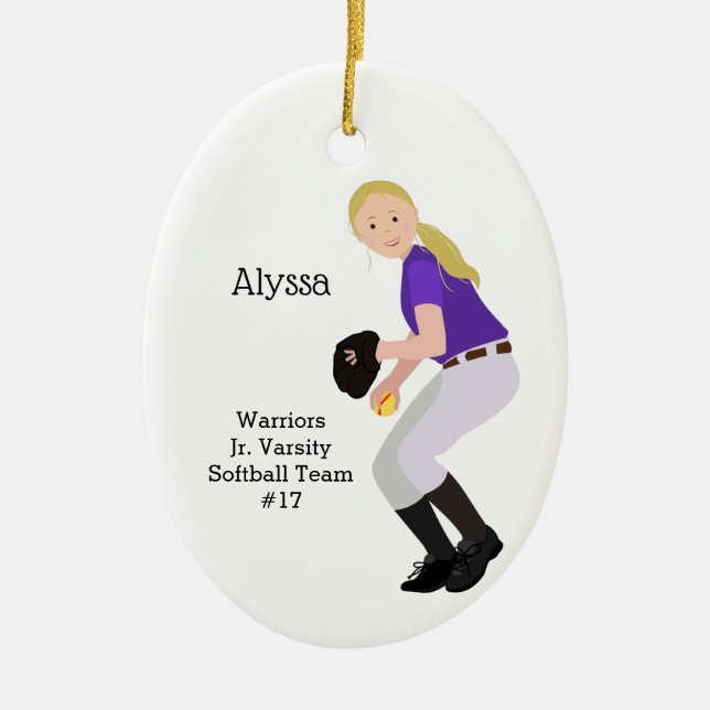 Softball Female Blonde Purple & White Ceramic Tree Decoration (Front)