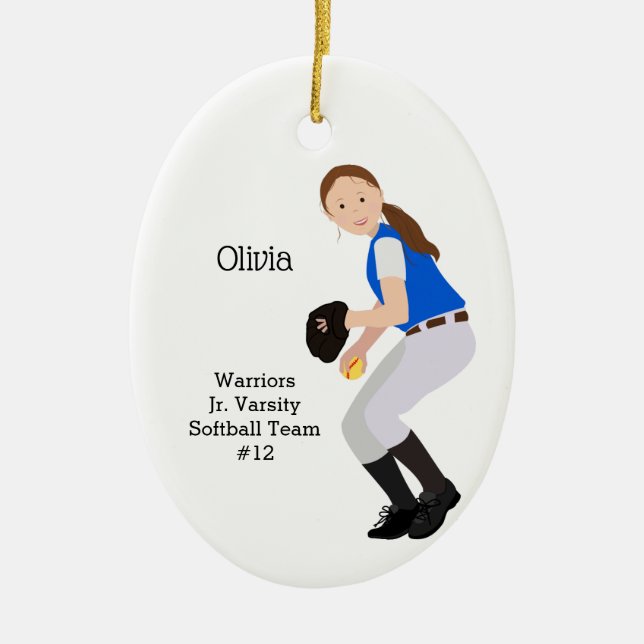 Softball Female Brunette Blue & White Ceramic Tree Decoration (Front)