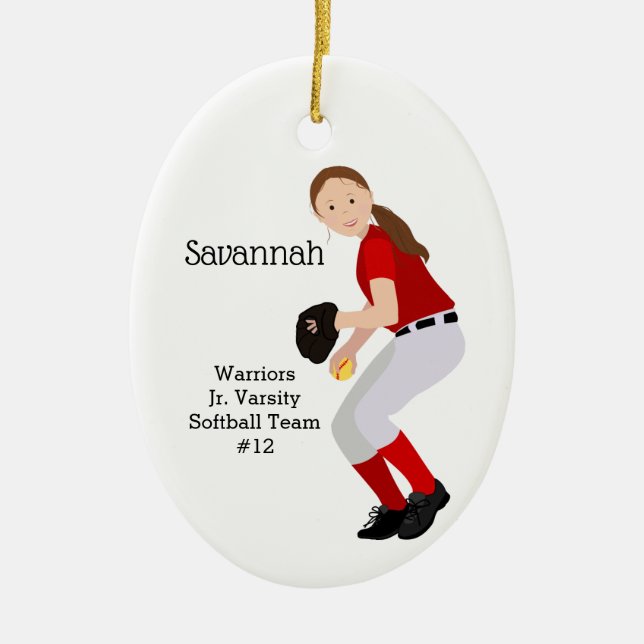 Softball Female Brunette Red & White Ceramic Tree Decoration (Front)