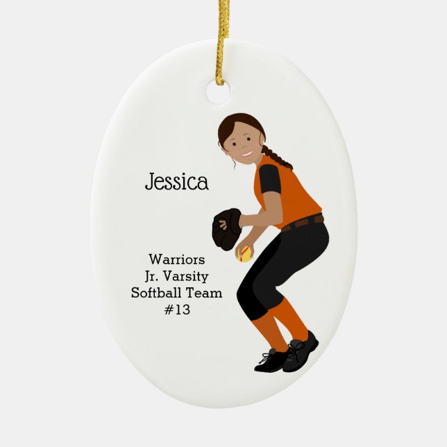Softball Female Dark Hair Black & Orange Ceramic Tree Decoration (Front)