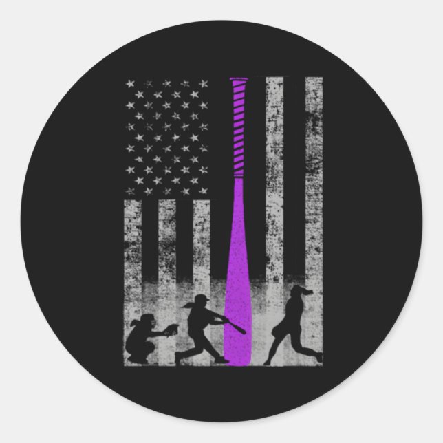 Softball Flag Purple Softball Bat Classic Round Sticker (Front)